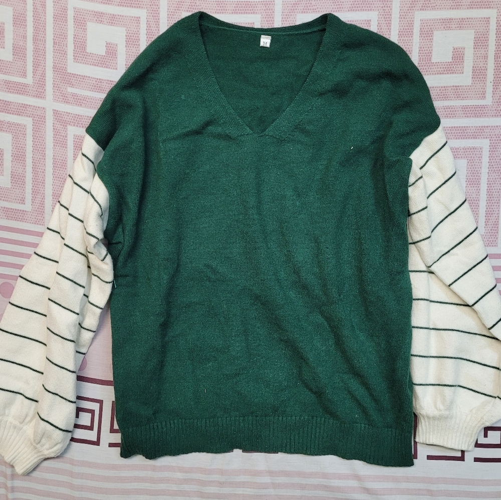 SHEIN Cozy Green Sweater with Striped Sleeves